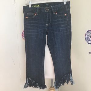 Offer  Custom J.crew matchstick Capri jeans angled fringe frayed coral thread 27